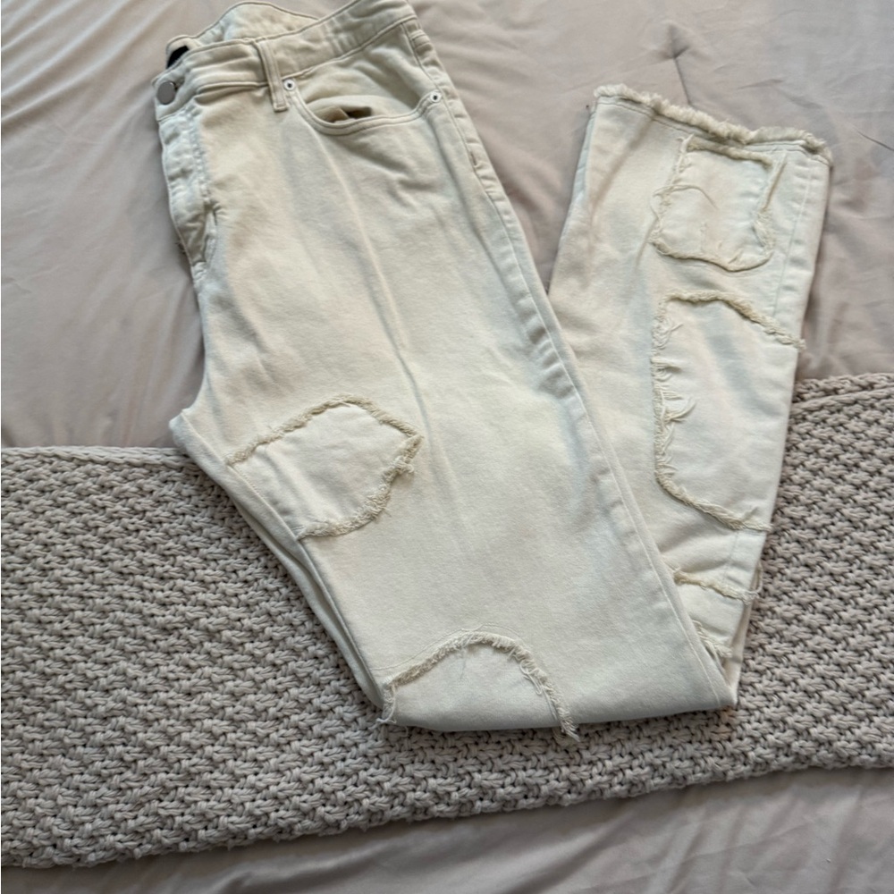 Men’s Cream Dis-Pattern Flair Jeans- Fashion Nova